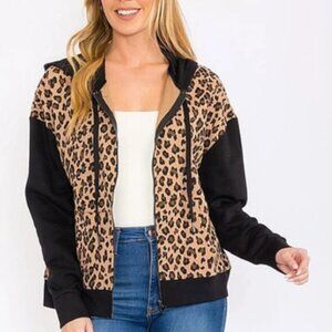 Zip Up Front Pockets Animal Print Hooded Jacket "TAUPE"